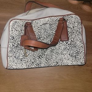 Fossil Ivory Camel Leather Black Spotted Calf Hair Satchel Handbag